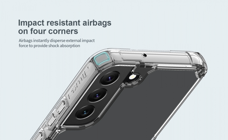 Ốp Lưng Samsung Galaxy S22 Hiệu Nillkin Nature TPU Pro Case dạng chống sốc, 4 phần của góc ốp dầy nhô cao khả năng bảo vệ máy cực kỳ hiệu quả